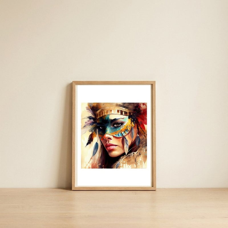 turquoise-carnival-masked-woman-portrait — framed, leaning against the wall