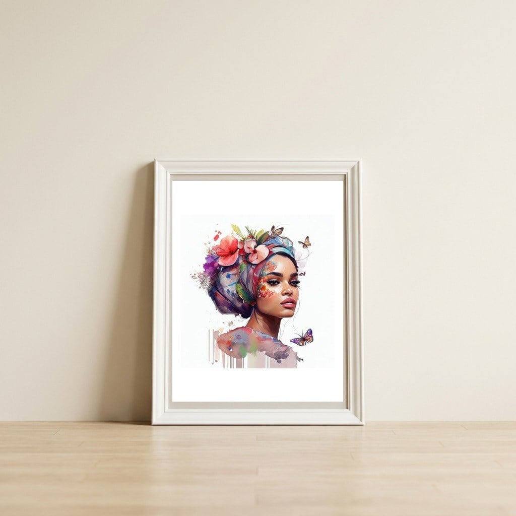 Watercolor Floral Arabian Woman #7 — framed, leaning against the wall