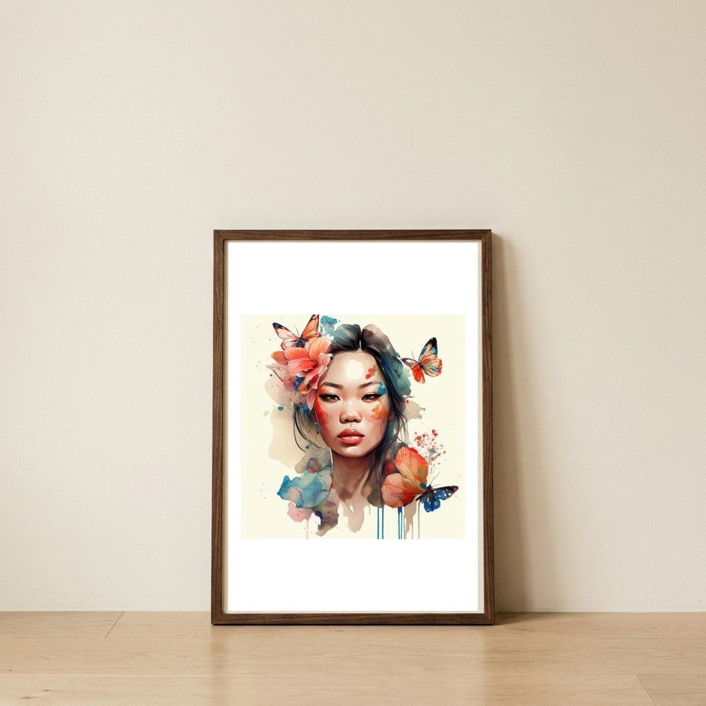 watercolor-asian-floral-butterfly-muse — framed, leaning against the wall