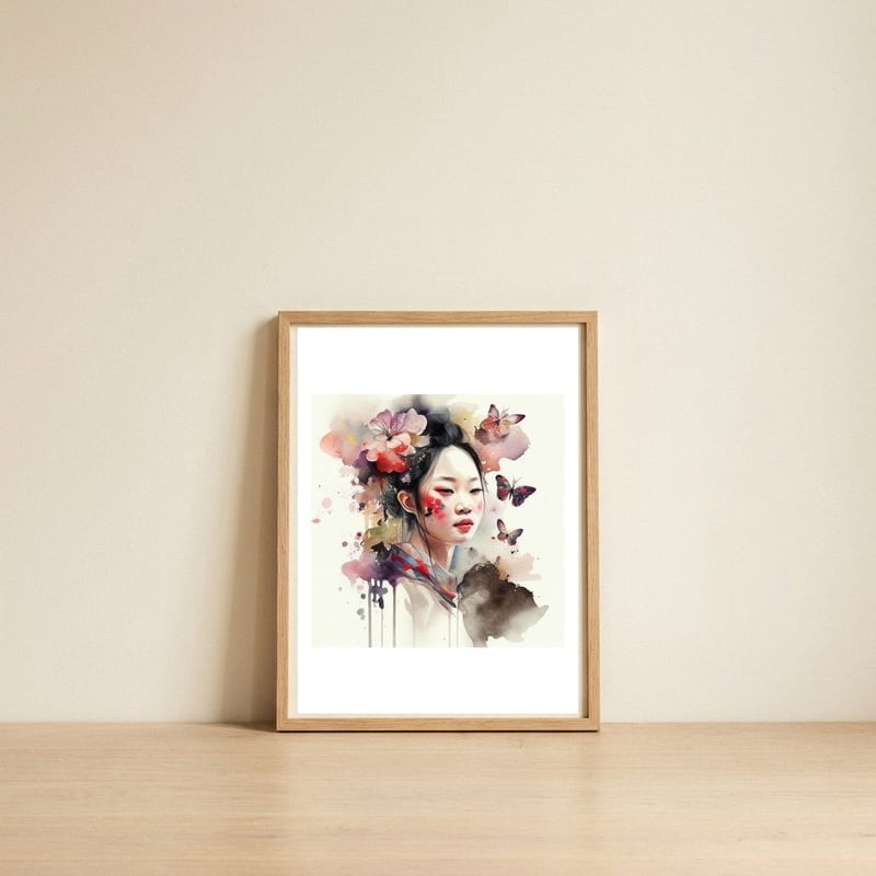 watercolor-asian-butterfly-reverie — framed, leaning against the wall