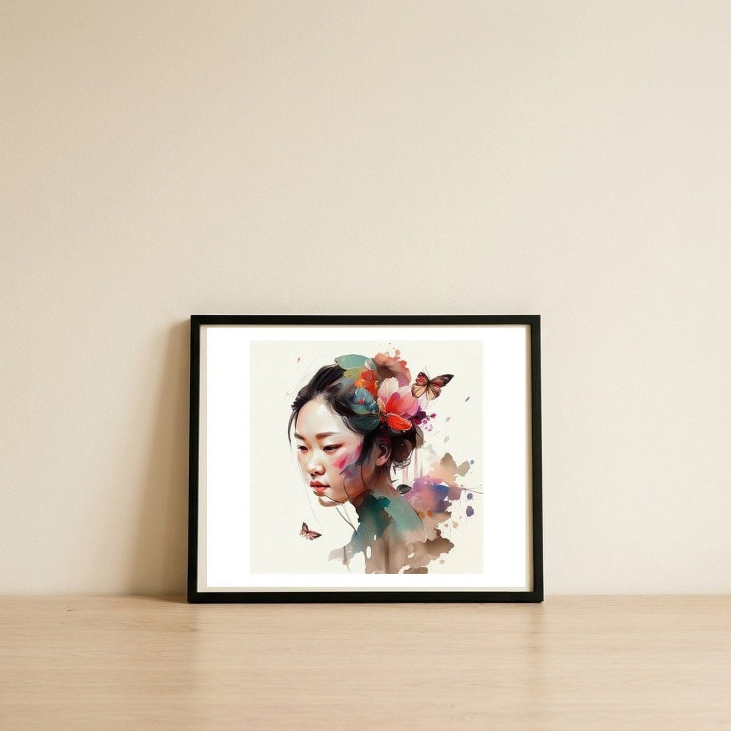 watercolor-asian-butterfly-bloom — framed, leaning against the wall