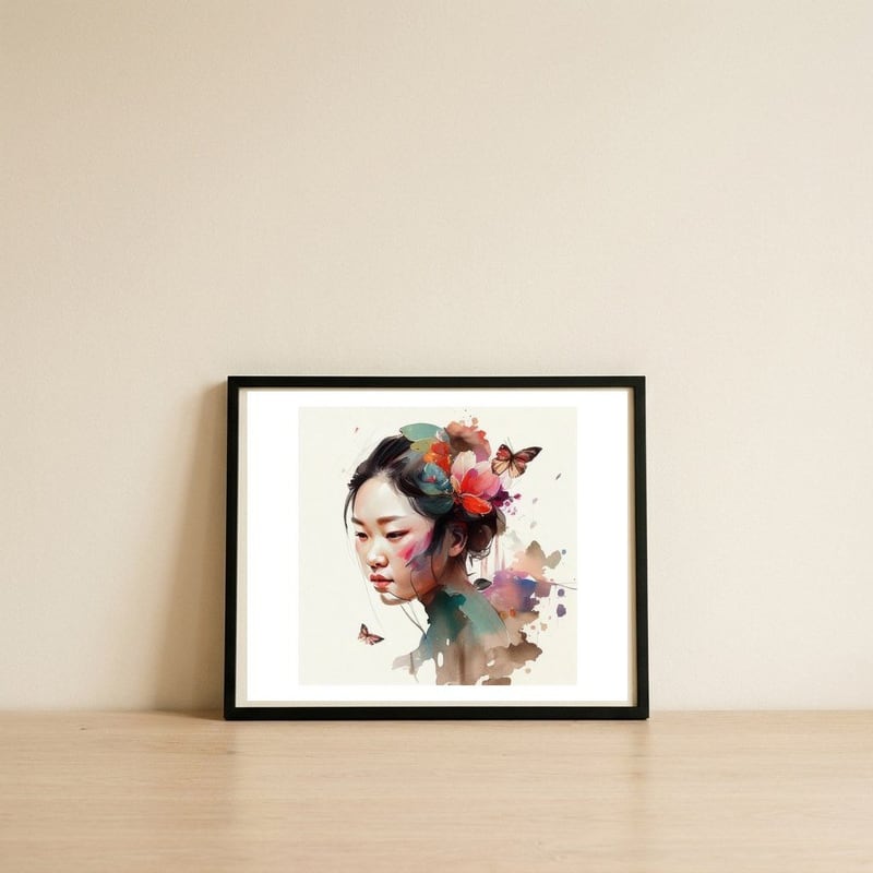 watercolor-asian-butterfly-bloom — framed, leaning against the wall