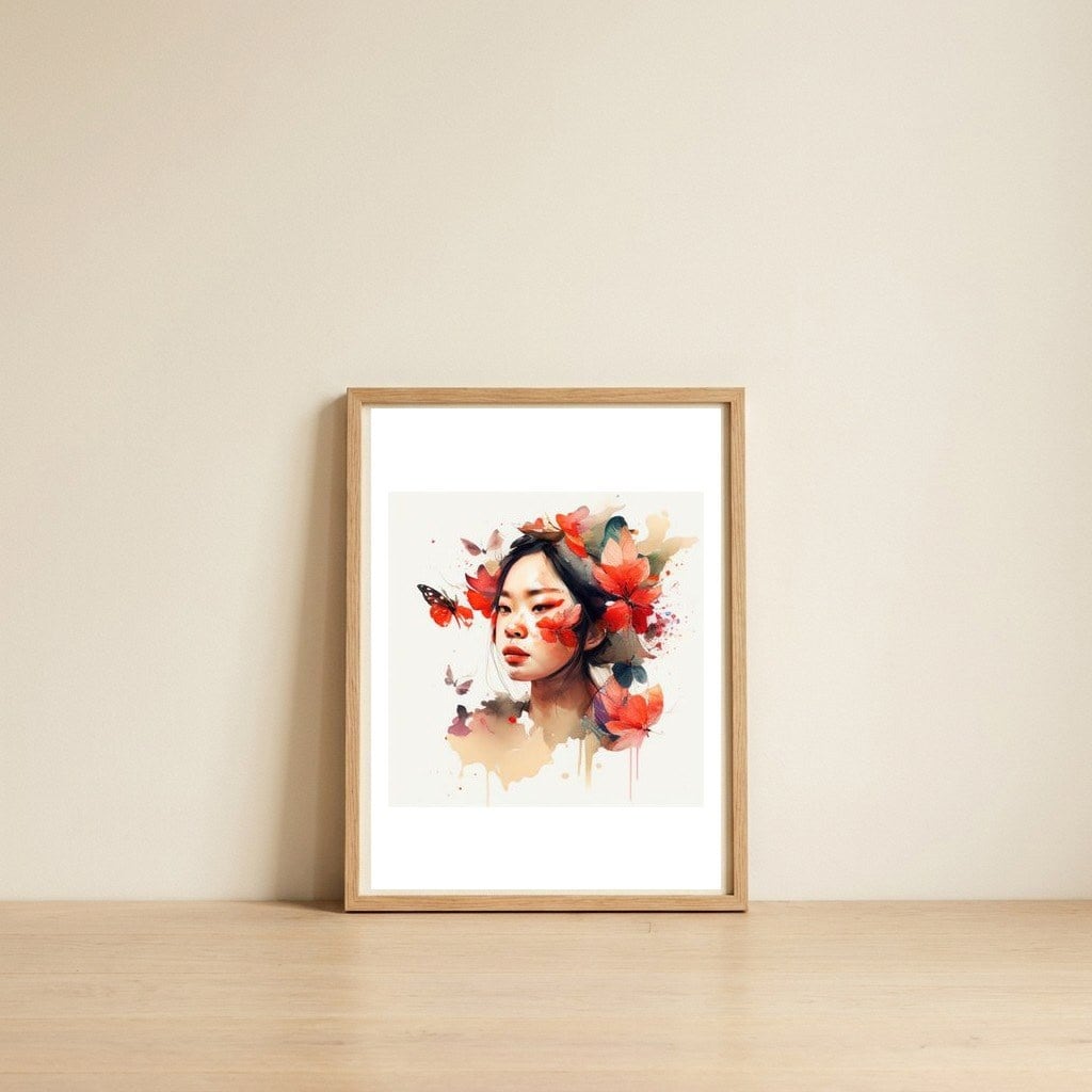 watercolor-asian-scarlet-butterflies — framed, leaning against the wall