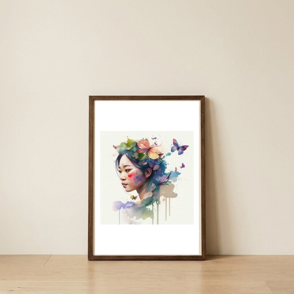 watercolor-asian-butterfly-whispers — framed, leaning against the wall