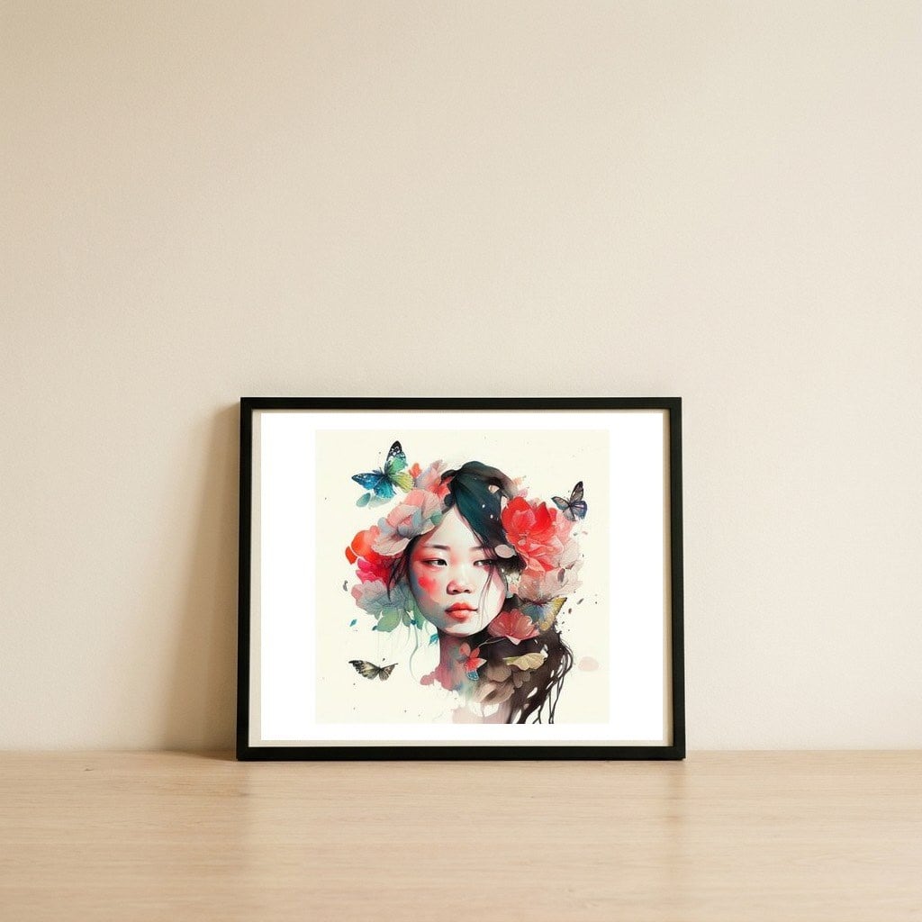 watercolor-asian-blooming-butterflies — framed, leaning against the wall