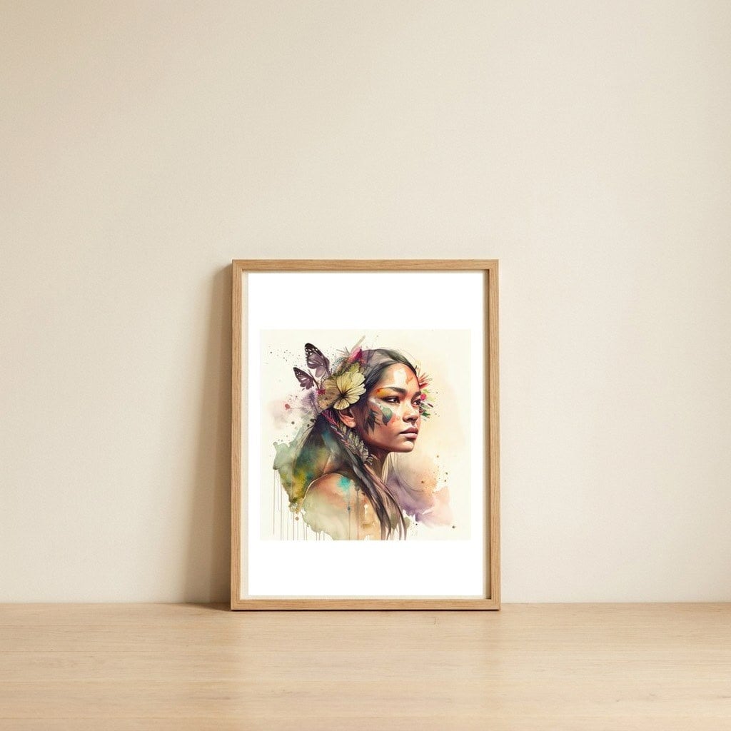 floral-native-warrior-woman-side-portrait — framed, leaning against the wall