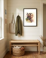 floral-native-warrior-woman-side-portrait framed in a relaxed room thumbnail
