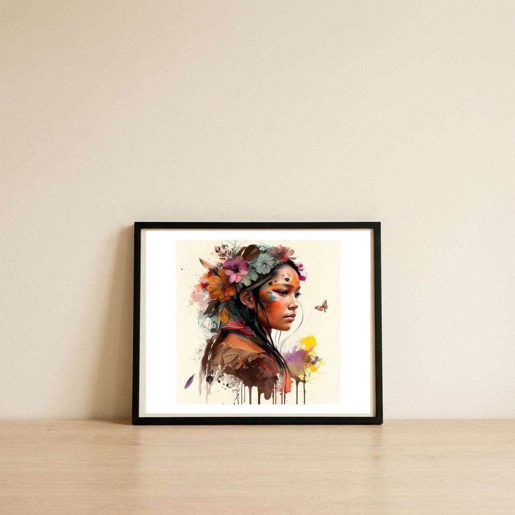 floral-native-warrior-woman-autumn-colors — framed, leaning against the wall