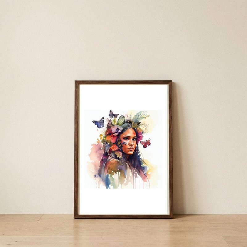 floral-native-warrior-woman-butterfly-crown — framed, leaning against the wall