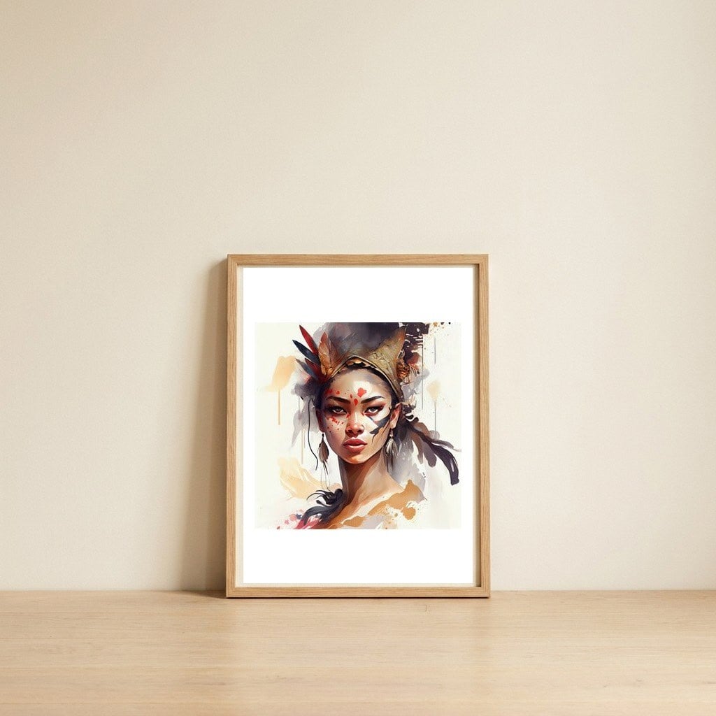 native-warrior-woman-feathered-crown — framed, leaning against the wall