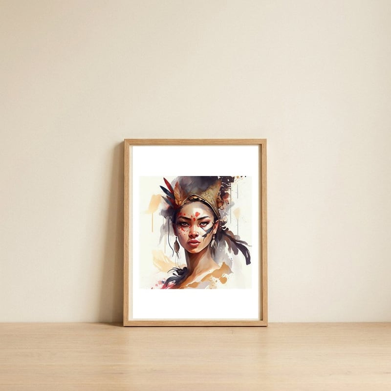 native-warrior-woman-feathered-crown — framed, leaning against the wall