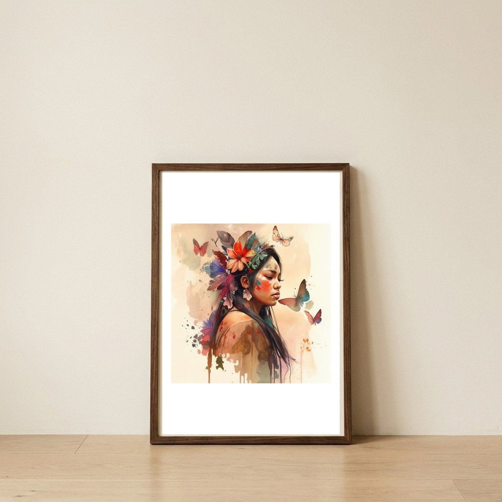 floral-native-warrior-woman-dreaming — framed, leaning against the wall
