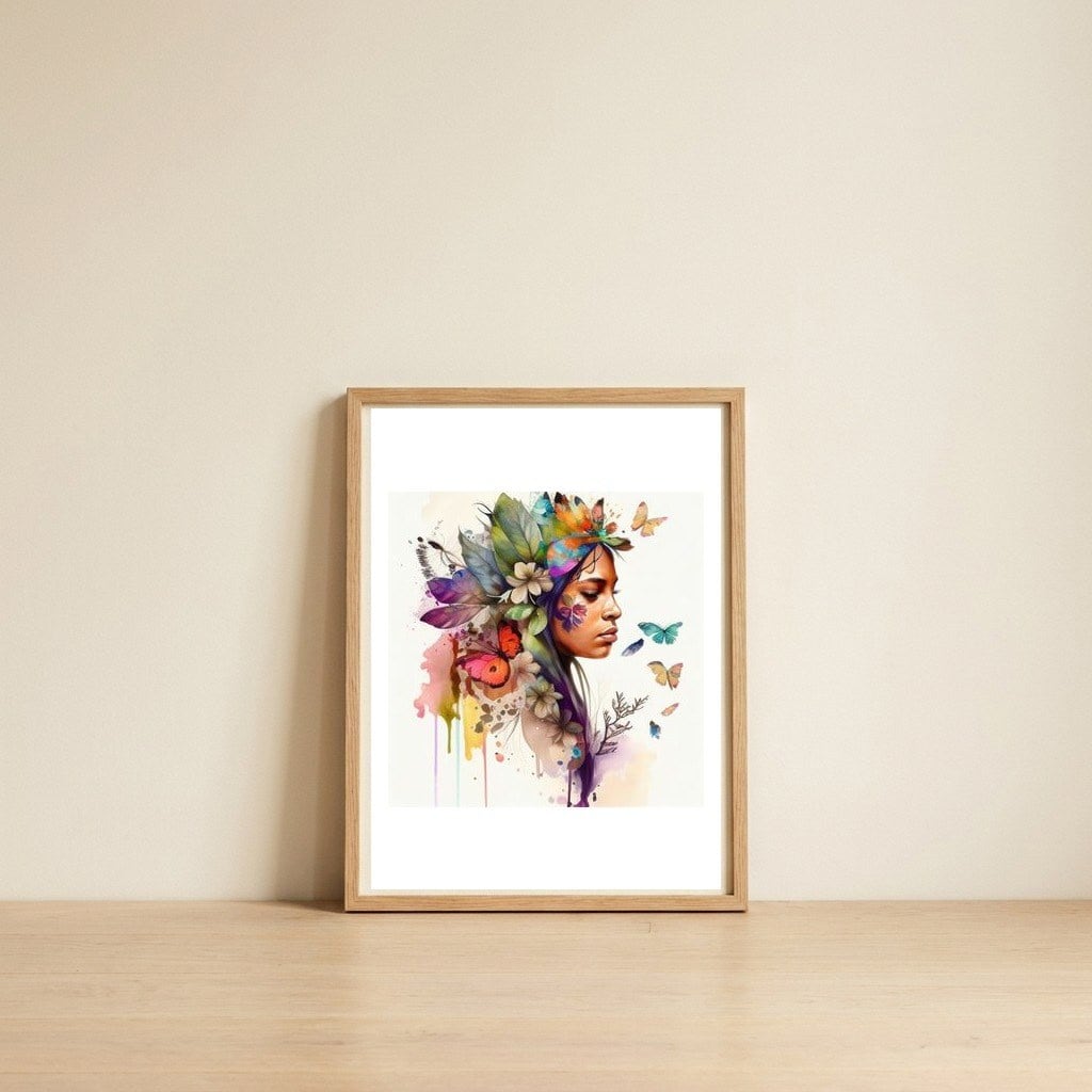 floral-native-warrior-woman-with-leaves — framed, leaning against the wall