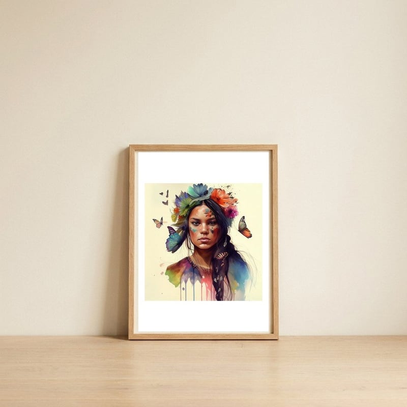 floral-native-warrior-woman-butterfly-aura — framed, leaning against the wall