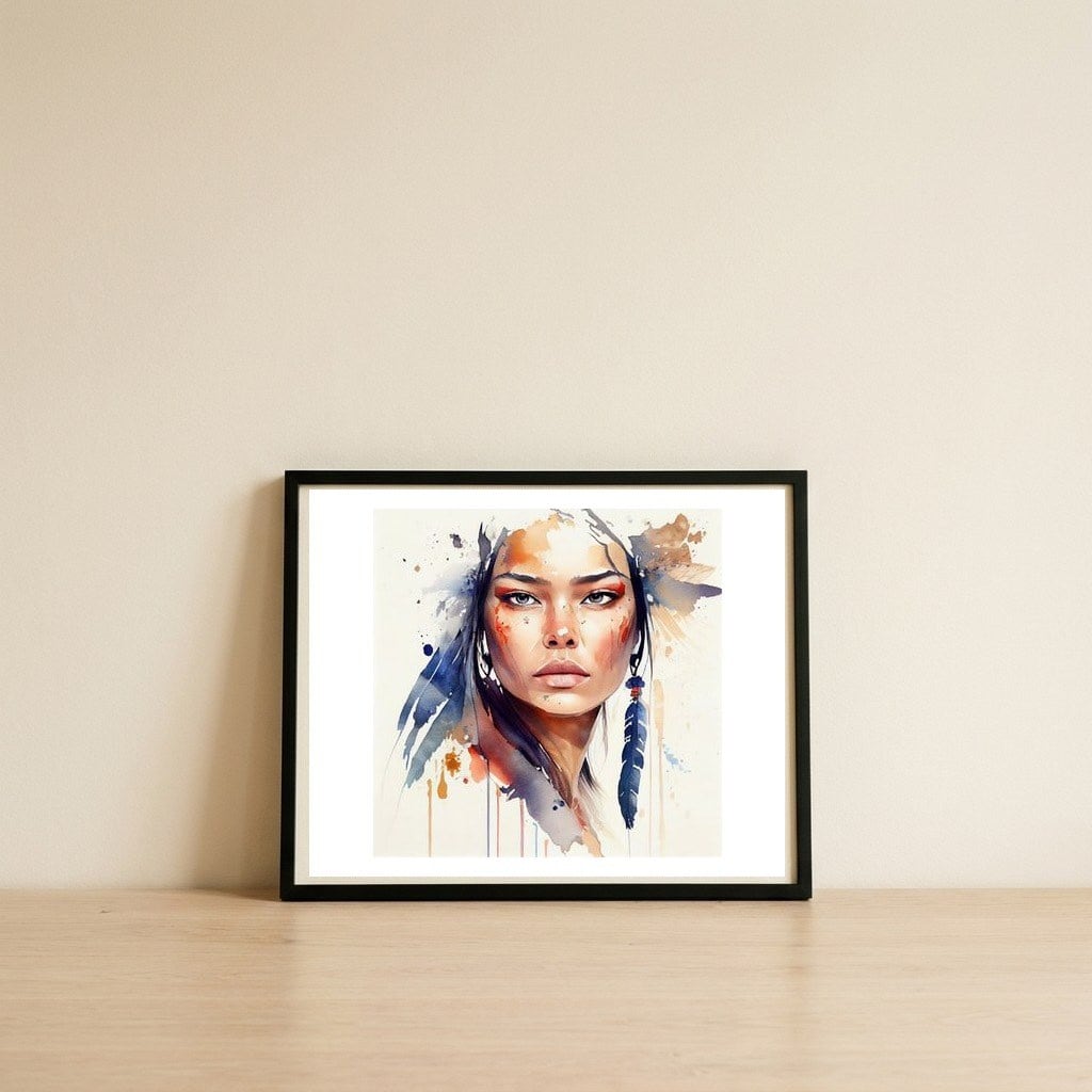 native-warrior-woman-blue-feather-gaze — framed, leaning against the wall
