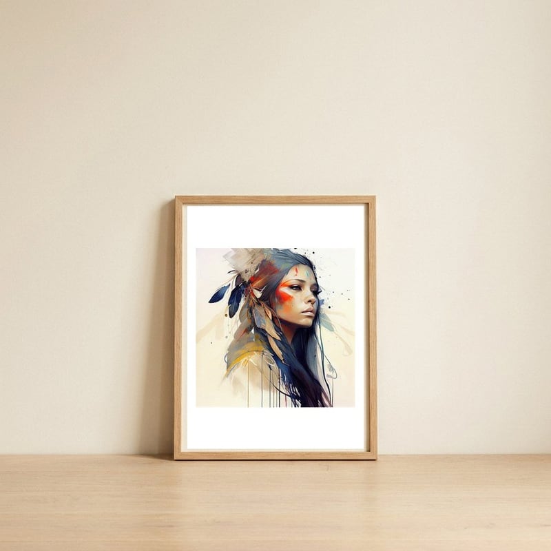 native-warrior-woman-feathered-profile — framed, leaning against the wall