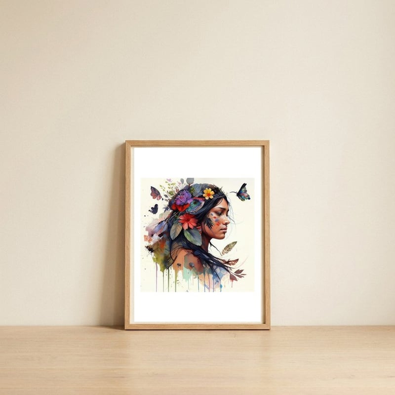 floral-native-warrior-woman-wild-blooms — framed, leaning against the wall