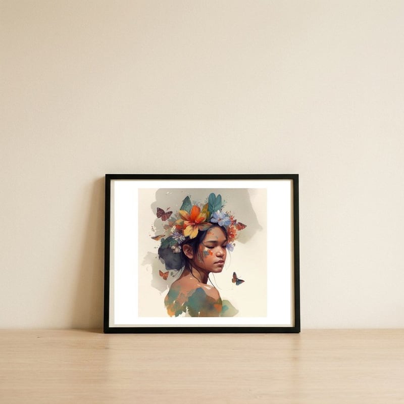 tropical-floral-indonesian-woman-portrait — framed, leaning against the wall