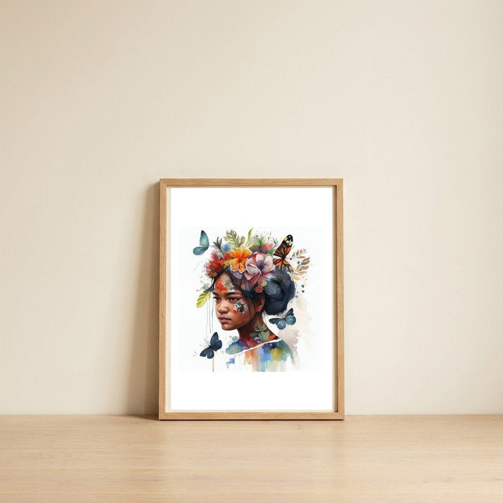 tropical-indonesian-woman-with-butterflies — framed, leaning against the wall