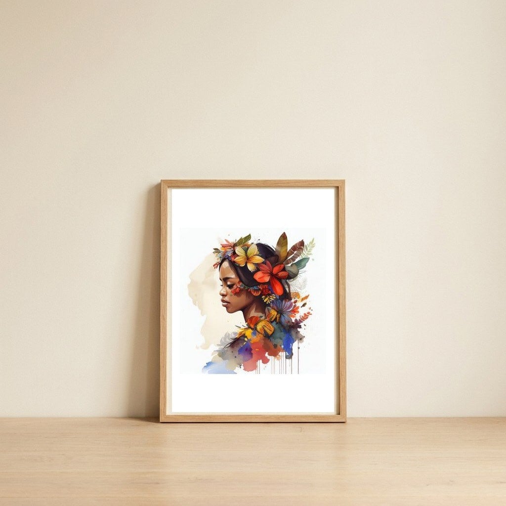 tropical-floral-woman-profile — framed, leaning against the wall
