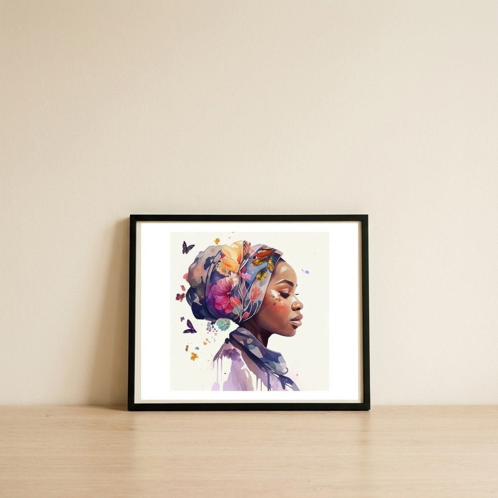 blossom-turban-profile — framed, leaning against the wall