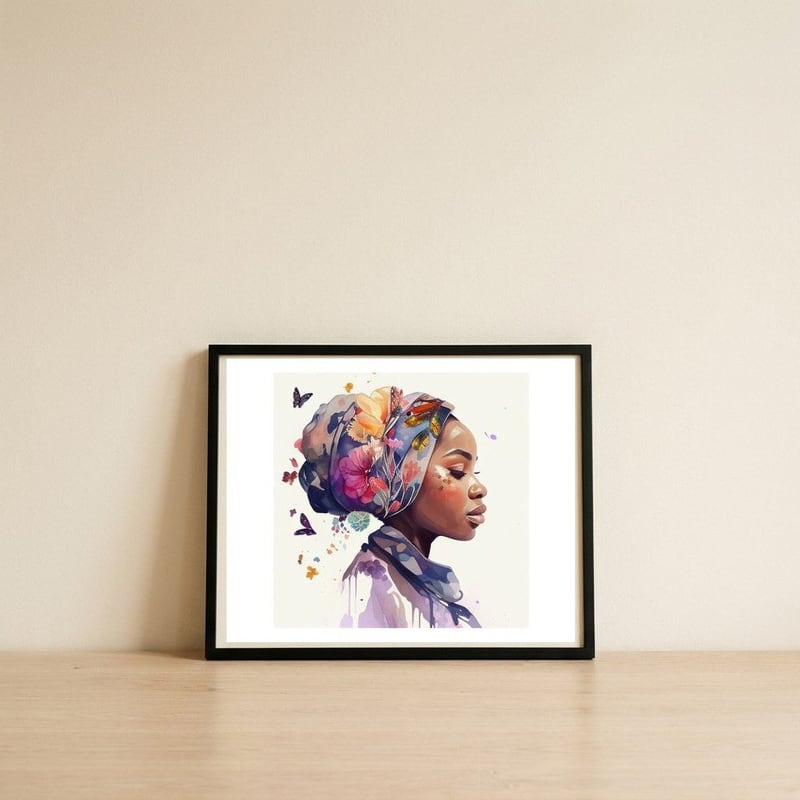 blossom-turban-profile — framed, leaning against the wall