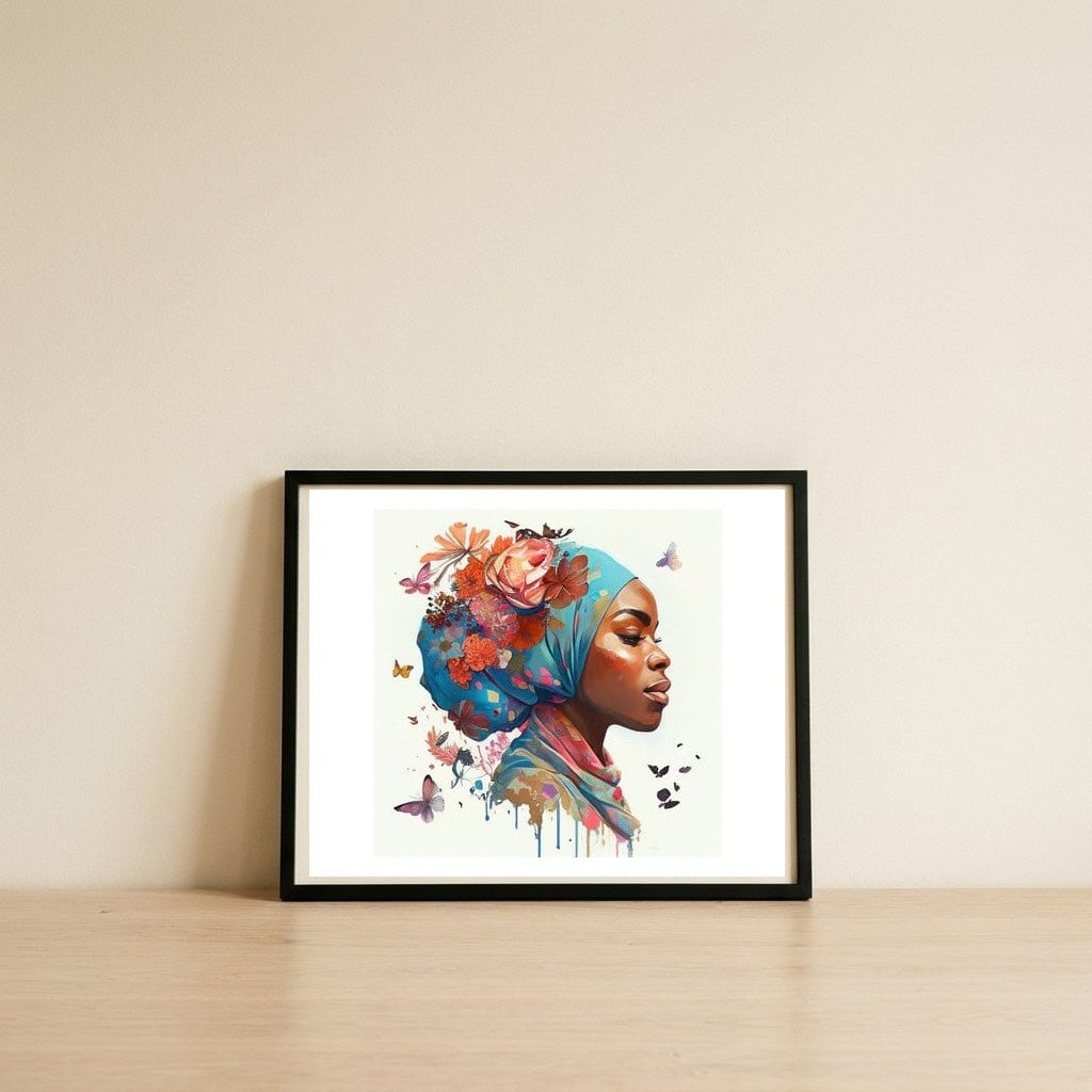 turquoise-turban-floral-profile — framed, leaning against the wall