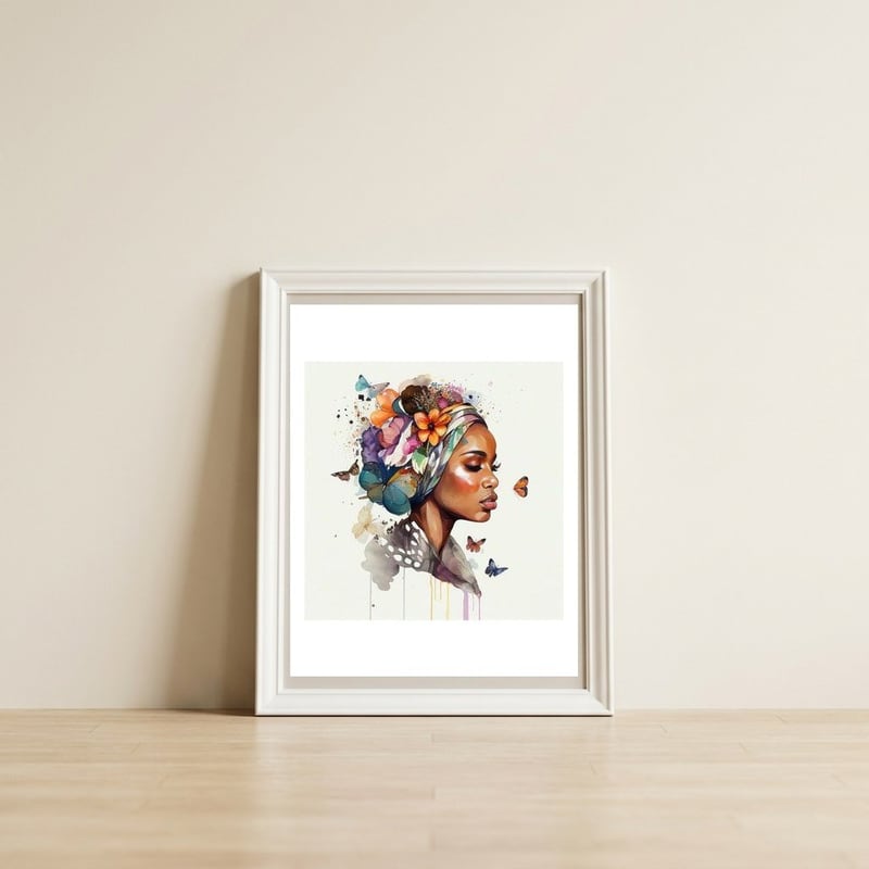 Watercolor Floral Muslim African Woman #3 — framed, leaning against the wall