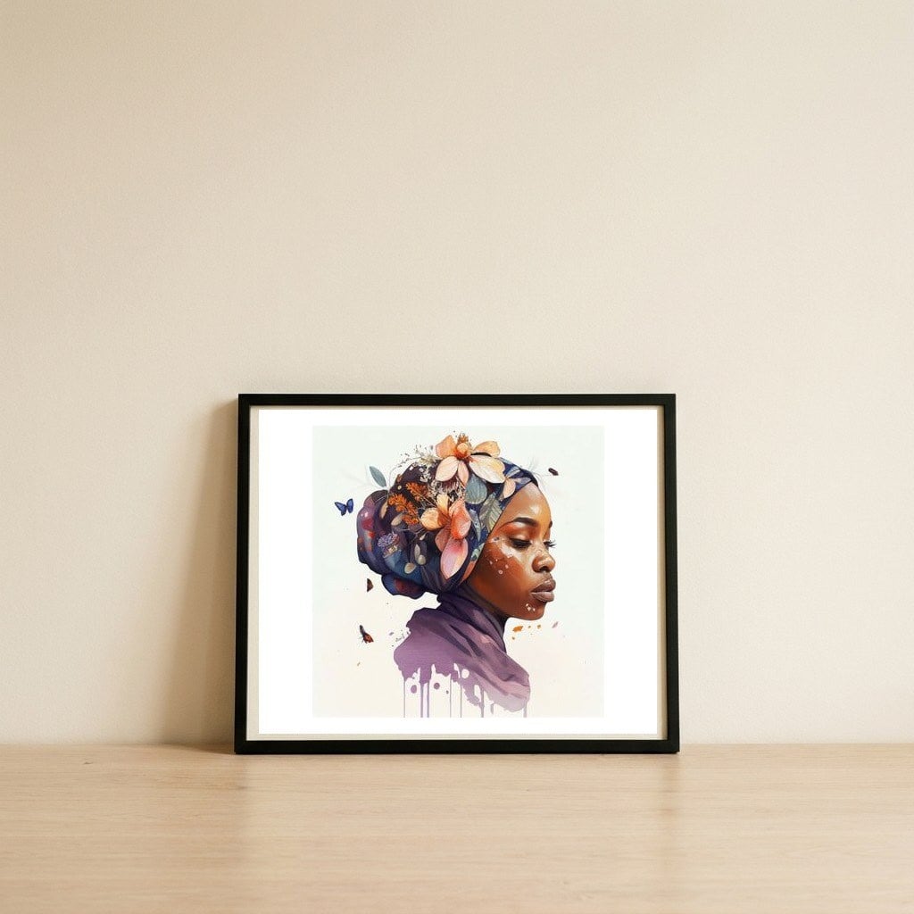 midnight-turban-blossom-profile — framed, leaning against the wall