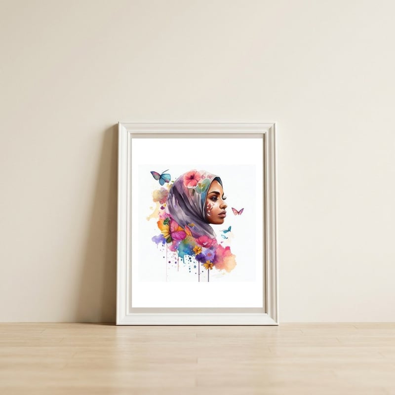 Watercolor Floral Muslim Arabian Woman #7 — framed, leaning against the wall