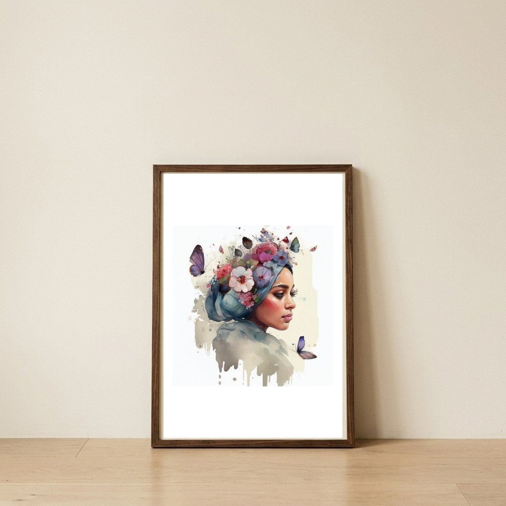 slate-turban-floral-crown — framed, leaning against the wall