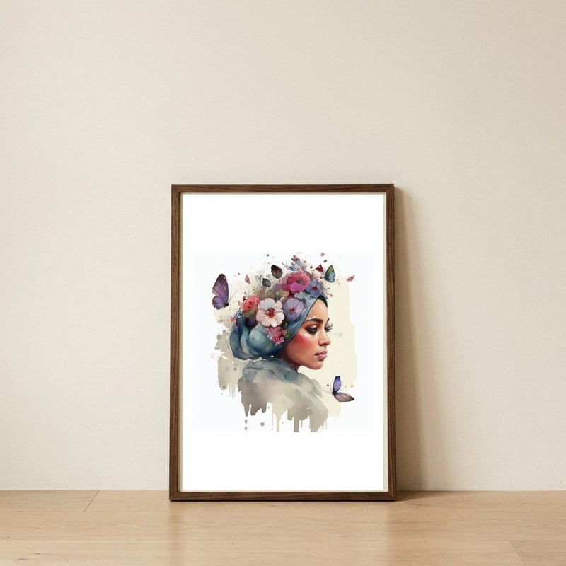 slate-turban-floral-crown — framed, leaning against the wall