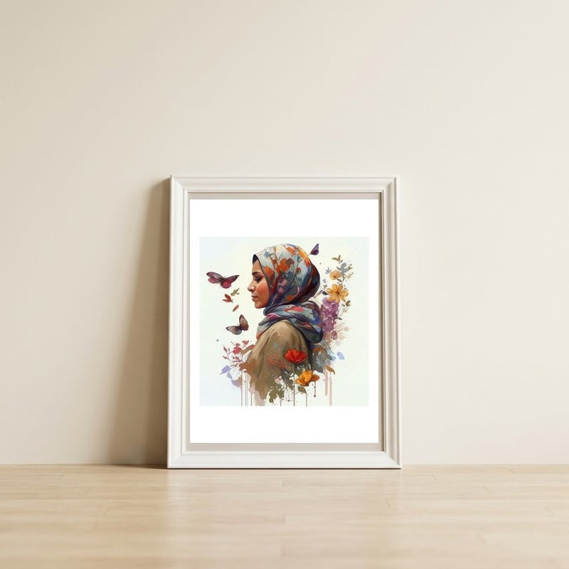 Watercolor Floral Muslim Woman #2 — framed, leaning against the wall