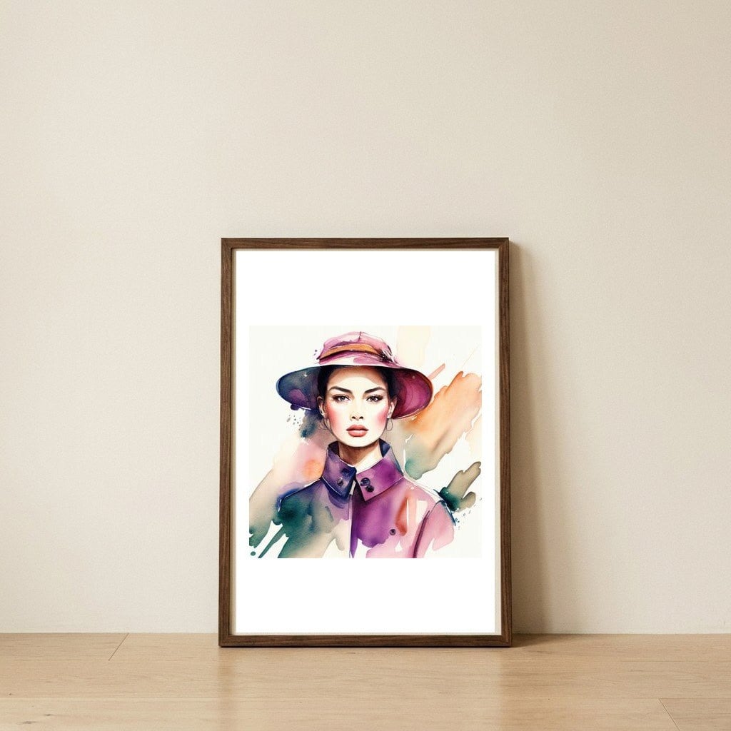 purple-fashion-hat-portrait — framed, leaning against the wall