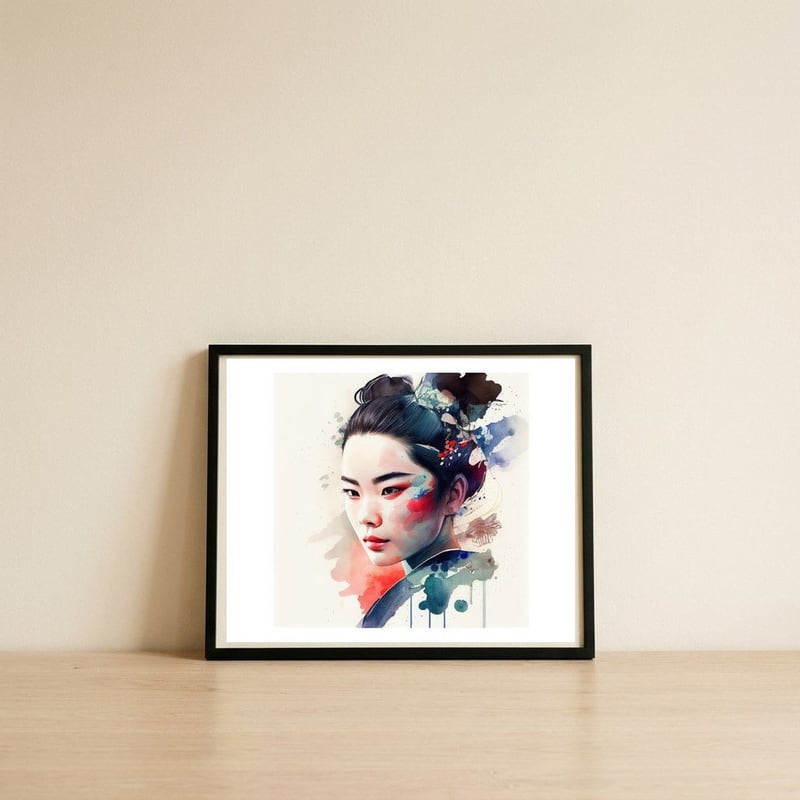 teal-and-coral-modern-geisha — framed, leaning against the wall