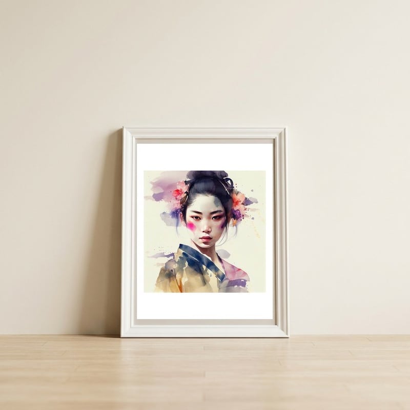 Watercolor Modern Geisha #6 — framed, leaning against the wall