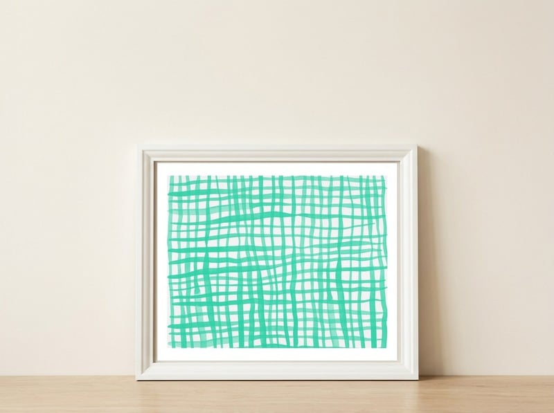 Aqua gingham pattern — framed, leaning against the wall
