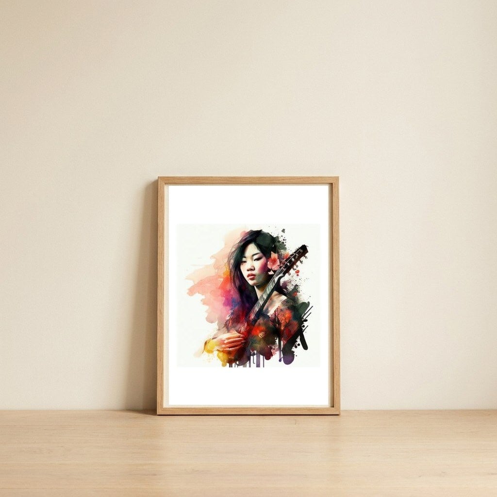 floral-guitarist-portrait — framed, leaning against the wall