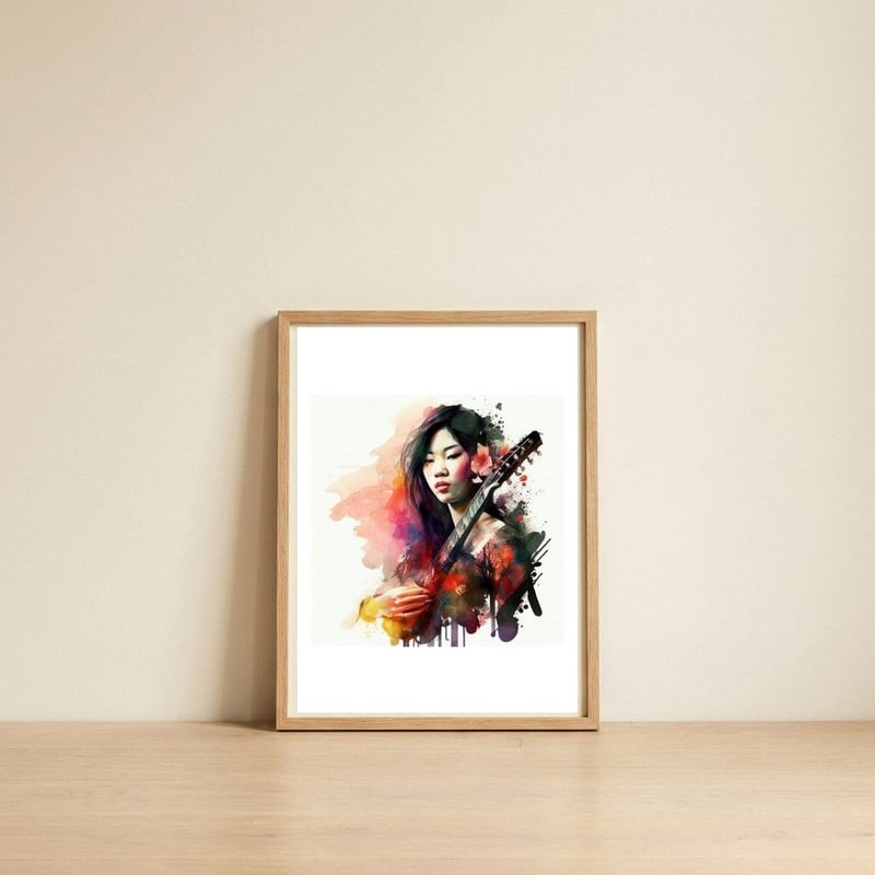floral-guitarist-portrait — framed, leaning against the wall