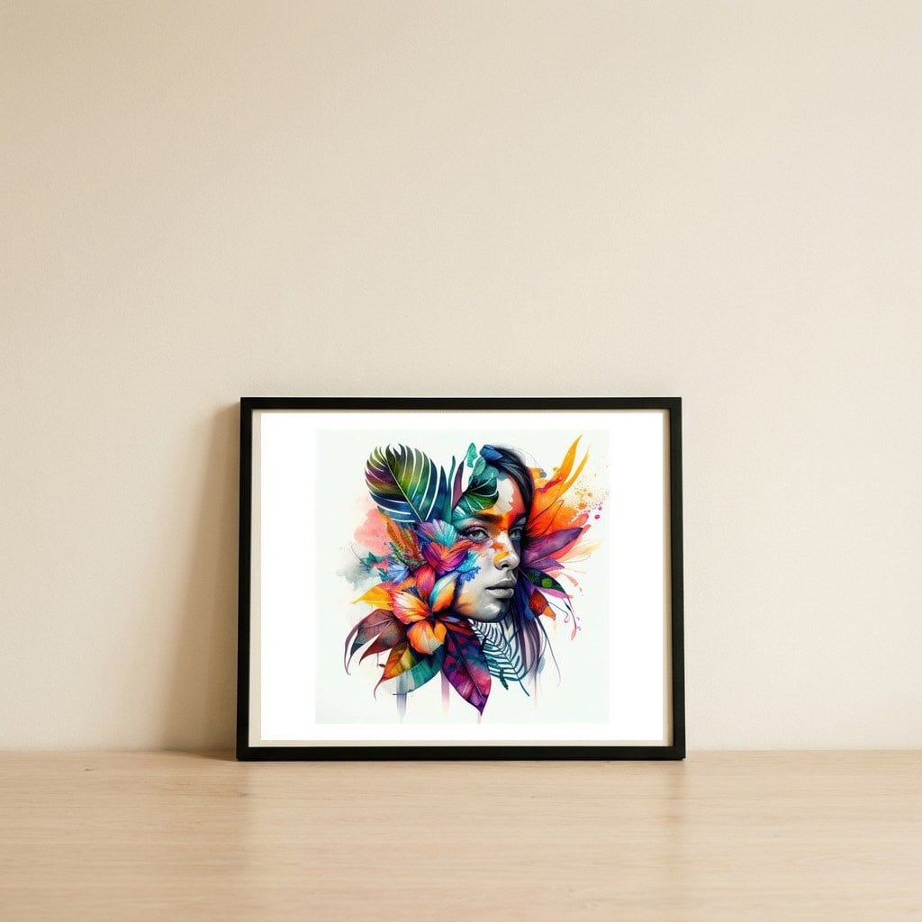 tropical-hibiscus-gaze — framed, leaning against the wall