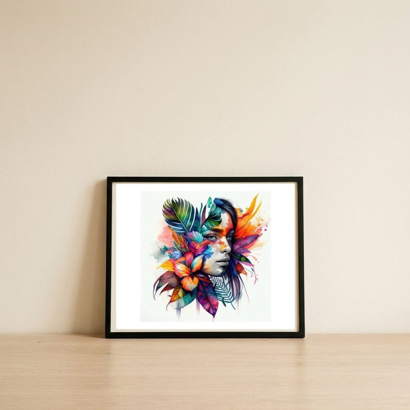 tropical-hibiscus-gaze — framed, leaning against the wall