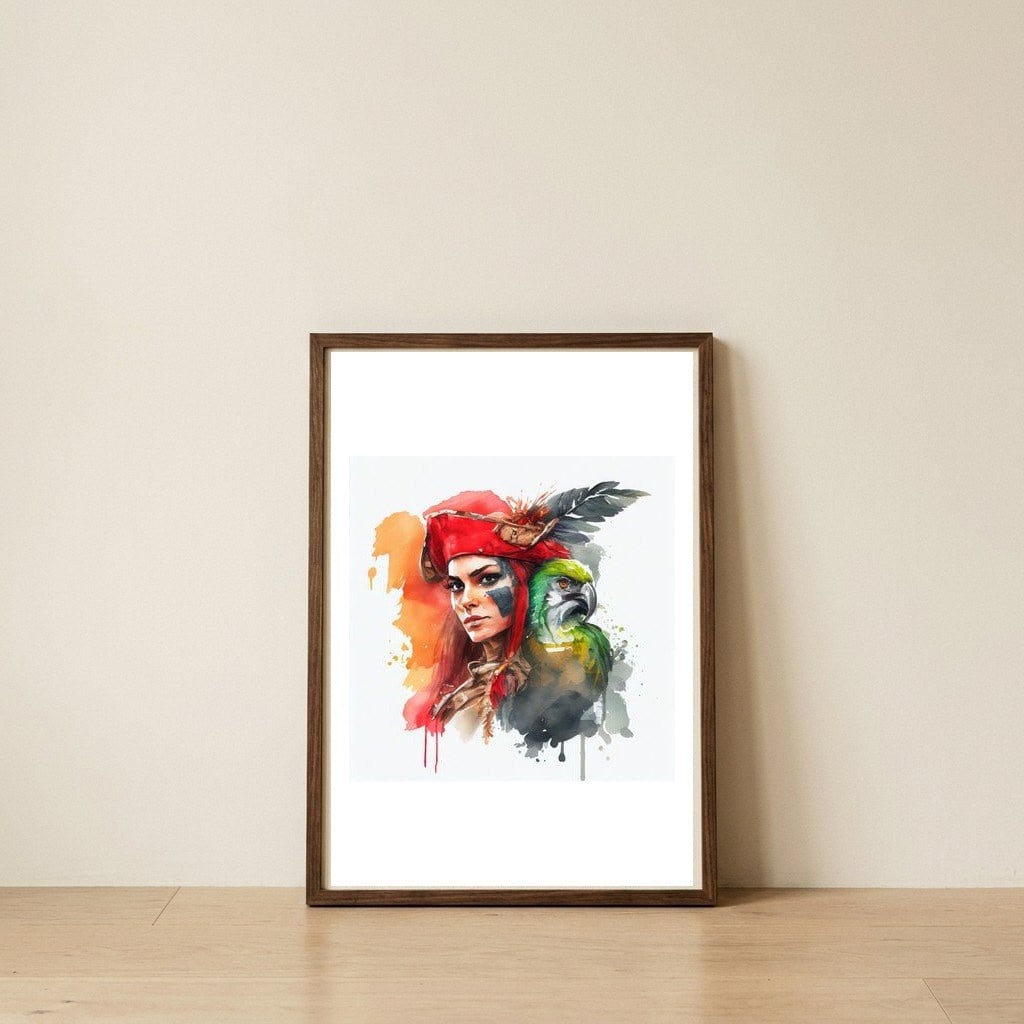 crimson-pirate-and-macaw — framed, leaning against the wall