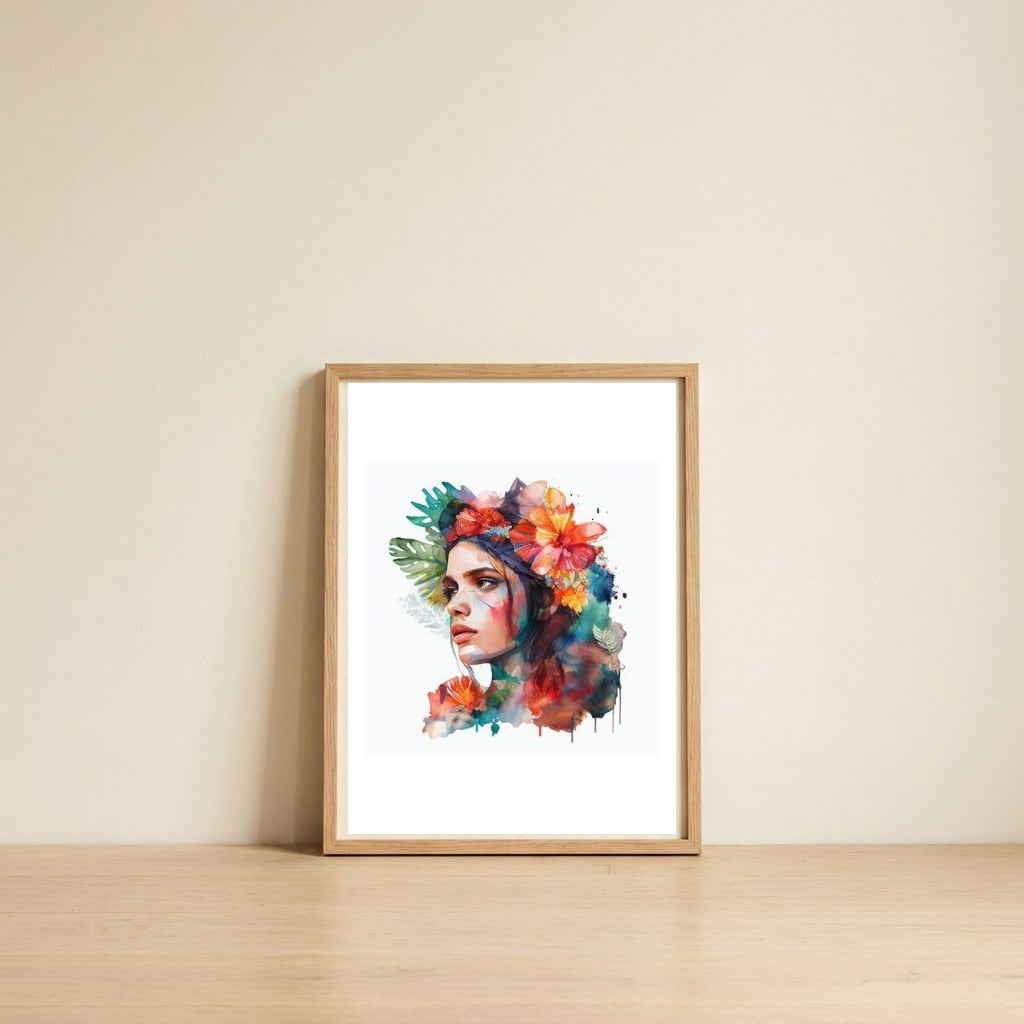 Watercolor Tropical Woman #2 — framed, leaning against the wall