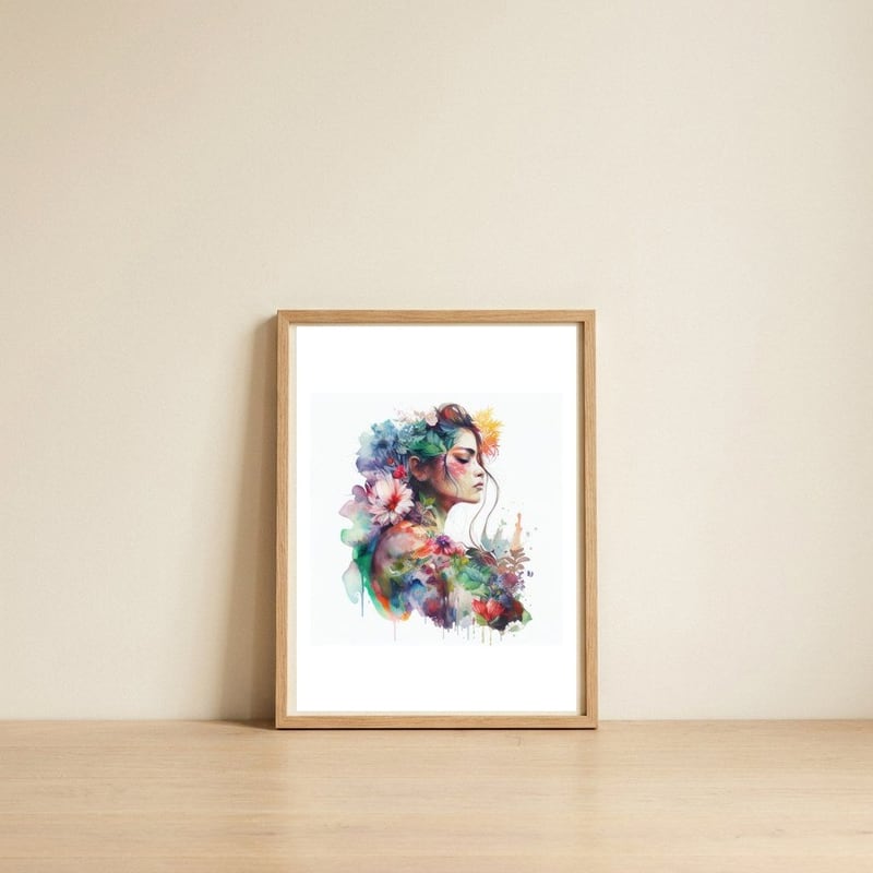 serene-tropical-profile-watercolor-portrait — framed, leaning against the wall