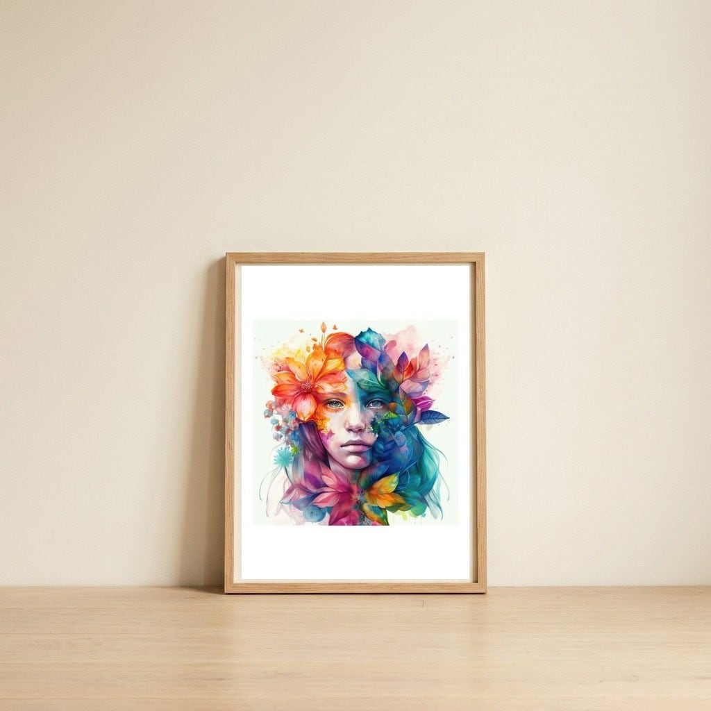 dual-bloom-tropical-watercolor-portrait — framed, leaning against the wall