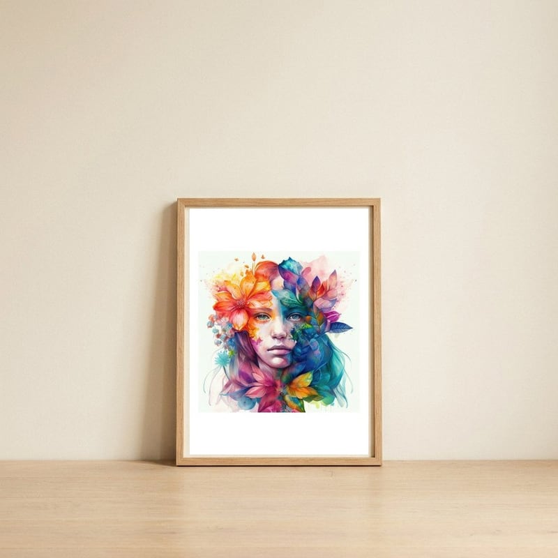 dual-bloom-tropical-watercolor-portrait — framed, leaning against the wall