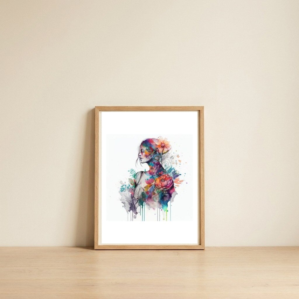 floral-silhouette-watercolor-portrait — framed, leaning against the wall