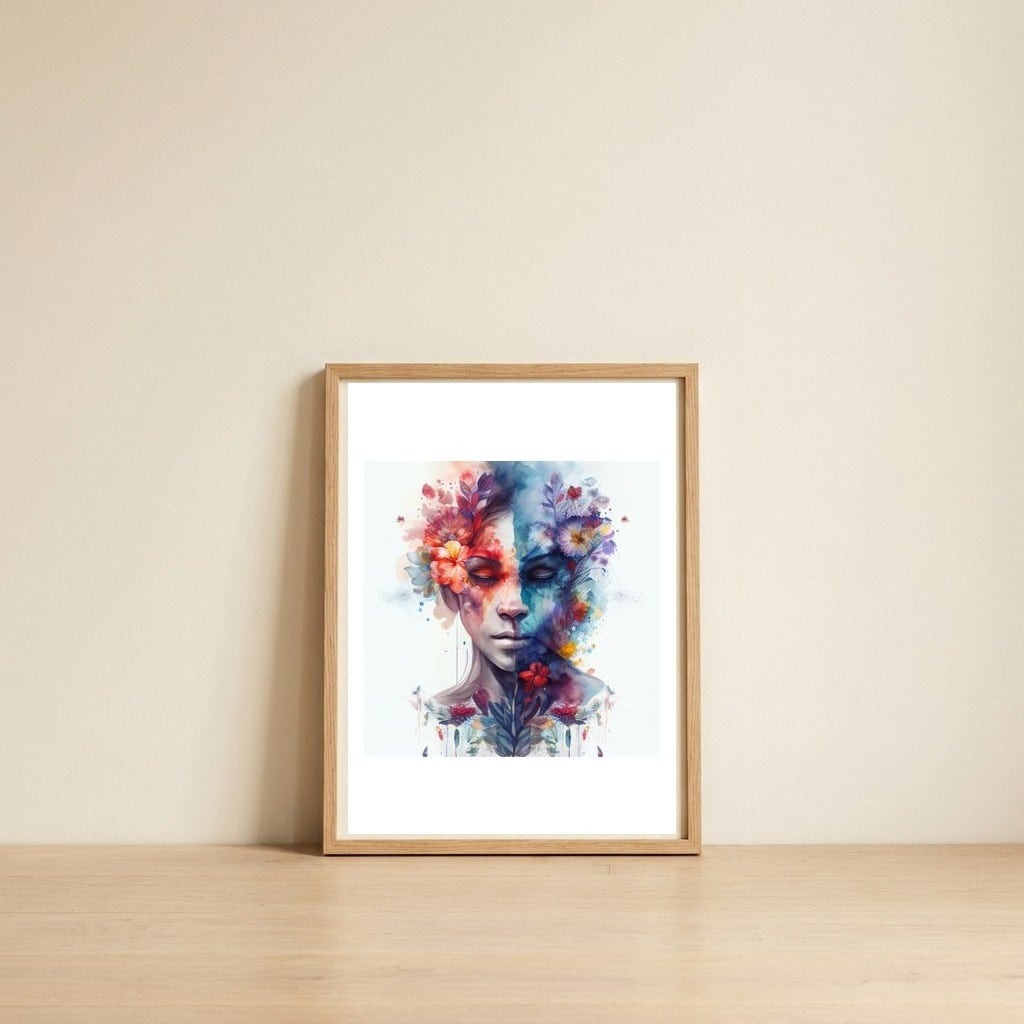 chromatic-duality-floral-portrait — framed, leaning against the wall