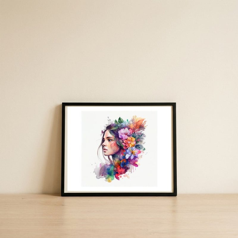 blooming-profile-watercolor-portrait — framed, leaning against the wall