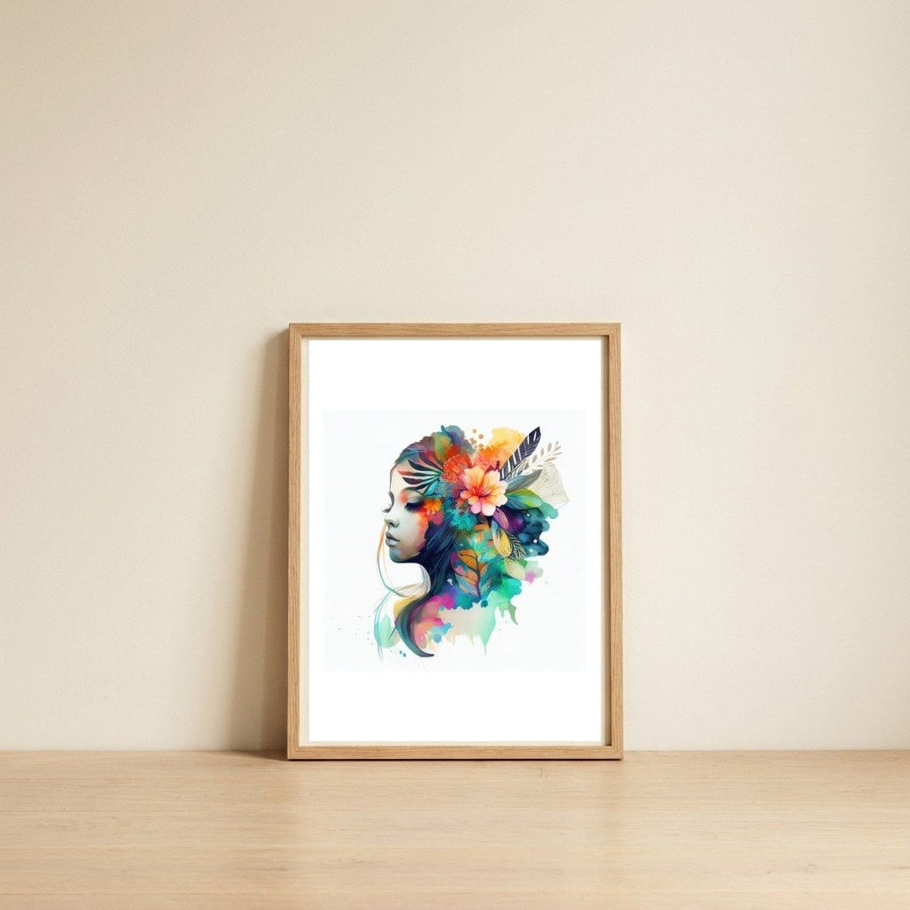 tropical-profile-watercolor-portrait — framed, leaning against the wall
